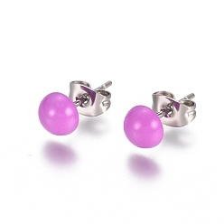 Purple Spray Paint 304 Stainless Steel Stud Earrings, with Earring Backs, Half Round, Purple, 6x3mm, Pin: 0.8mm
