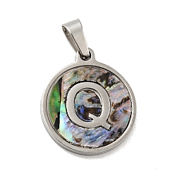 Letter Q 304 Stainless Steel with Paua Shell Pendants, Stainless Steel Color, Flat Round with Letter Charm, Letter.Q, 18x16x1.5mm, Hole: 3x6mm