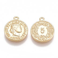 Real 18K Gold Plated Brass Coin Charms, Flat Round, Nickel Free, Real 18K Gold Plated, 14x12x2mm, Hole: 1mm