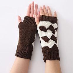 Coffee Polyacrylonitrile Fiber Yarn Knitting Fingerless Gloves, Two Tone Winter Warm Gloves with Thumb Hole, Coffee & White, 200x100mm