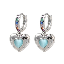 Platinum Brass Micro Pave Cubic Zirconia and Cat Eye Beads Heart Hoop Dangle Earrings, Rack Plating, Long-Lasting Plated, Cadmium Free & Lead Free, Platinum, 27.5x15.5mm