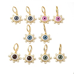 Mixed Color Resin Horse Eye Dangle Leverback Earrings with Cubic Zirconia, Real 18K Gold Plated Brass Jewelry for Women, Mixed Color, 30.5mm, Pin: 1mm