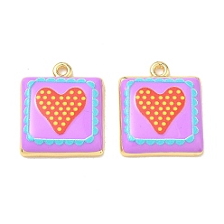 Violet Printed Brass Pendants, Square & Heart Charms, Rack Plating, Long-Lasting Plated, Lead Free & Cadmium Free, Real 18K Gold Plated, Violet, 22x18.5x3.5mm, Hole: 2mm