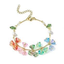 Colorful Flower & Leaf & Imitation Pearl Glass Charm Bracelet, with Golden Brass Bar Link Chains for Women, Colorful, 7-1/4 inch(18.5cm)