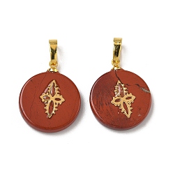 Красный Камень Природные красной яшмы подвески, плоские круглые подвески золотистого оттенка 304 кусочки цветов из нержавеющей стали и латунные застежки-кнопки, 19~20.2x16~16.3x3.3~4.2 мм, отверстие : 6x3 мм