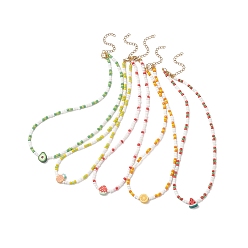 Mixed Color Summer Theme Handmade Polymer Clay Fruit Bead Necklaces, Glass Beaded Choker Necklace with 304 Stainless Steel Lobster Claw Clasps & Extender Chain, for Women, Mixed Color, 15~15-1/8 inch(38~38.5cm) 