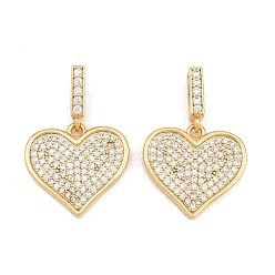 Настоящее золото 18K Латунные микропаве прозрачные подвески с фианитом, без свинца и без кадмия, стойки покрытие, долговечный, сердце прелести, реальный 18 k позолоченный, 17x18x2 мм, отверстие : 7x1.8 мм