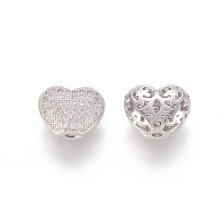 Platinum Brass Micro Pave Cubic Zirconia Beads, Hollow, Heart, Clear, Platinum, 9x11x5.5mm, Hole: 1.5mm