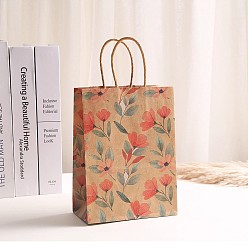 Salmon Flower Printed Paper Shopping Bags with Handle, Gift Tote, Rectangle, Salmon, 15x8x21cm, 10pcs/set