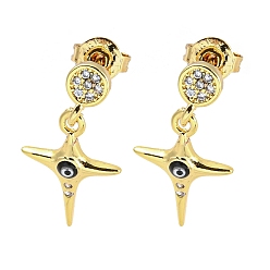 Black Star Real 18K Gold Plated Brass Dangle Stud Earrings, with Enamel and Cubic Zirconia, Black, 20x10.5mm