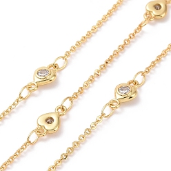 Real 18K Gold Plated Clear Cubic Zirconia Heart Link Chains, with Brass Cable Chains, Unwelded, with Spool, Cadmium Free & Nickel Free & Lead Free, Real 18K Gold Plated, 9x5x2mm