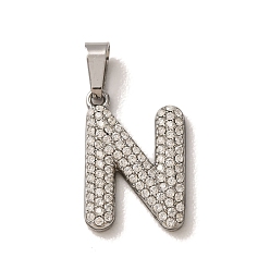 Letter N 304 Stainless Steel Micro Pave Clear Cubic Zirconia Pendants, Letter Charms, Stainless Steel Color, Letter N, 18x12.5x2.5mm, Hole: 6x2.5mm