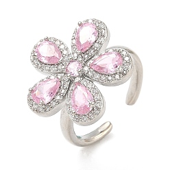 Бледно-Розовый Кольца-манжеты из цветочной латуни с микропаве из кубического циркония для женщин, без кадмия и без свинца, стойки покрытие, платина, розовый жемчуг, 19.5x20.5 мм, внутренний диаметр: 17.2 мм