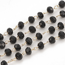 Real 18K Gold Plated Handmade Glass Beaded Chains, Soldered, with Brass Findings, Faceted, Rondelle, Black, Real 18K Gold Plated, 3mm