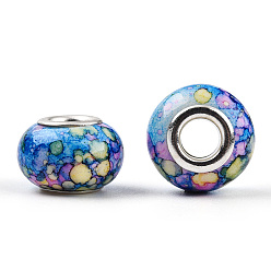 Dodger Blue Opaque Resin European Beads, Imitation Crystal, Two-Tone Large Hole Beads, with Silver Tone Brass Double Cores, Rondelle, Dodger Blue, 14x9.5mm, Hole: 5mm