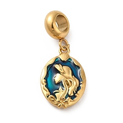 Golden Ion Plating(IP) 304 Stainless Steel Dodger Blue Enamel European Dangle Charms, Large Hole Pendants, Oval with Fishtail & Mermaid Pattern, Golden, 28mm, Pendant: 18x12x3mm, Hole: 4.5mm