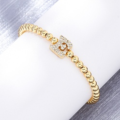 Letter E Латунные круглые бусины эластичные браслеты, Подвеска в виде буквы из латуни с микропаве из прозрачного кубического циркония для женщин, без свинца и без кадмия, стойки покрытие, реальный 18 k позолоченный, Письмо E, внутренний диаметр: 2~2-1/8 дюйм (5~5.5 см)