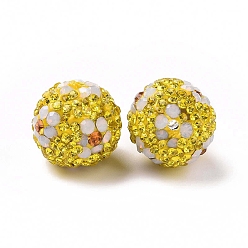 Citrine Polymer Clay Rhinestone Beads, Pave Disco Ball Beads, Round with Flower, Citrine, 16mm, Hole: 1.6~1.8mm