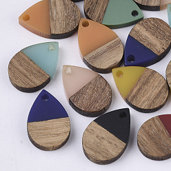 Mixed Color Resin & Walnut Wood Pendants, Waxed, Teardrop, Mixed Color, 16.5x11.5x3.5mm, Hole: 1.6mm