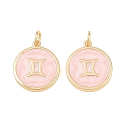 Gemini Brass Enamel Pendants, Flat Round & Constellation Charms, Rack Plating, Long-Lasting Plated, Cadmium Free & Lead Free, Golden, Gemini Charms, 17.5x15x2mm, Hole: 3mm