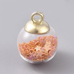Orange Glass Ball Pendants, with Star Glitter Sequins and Golden Plated CCB Plastic Cup Peg Bails, Round, Orange, 20.5x15mm, Hole: 2.5mm