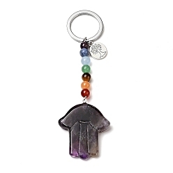 Amethyst Natural Amethyst Chakra Keychain, with Iron Split Key Rings and Flat Round Alloy Charms, Hamsa Hand, 11.5cm