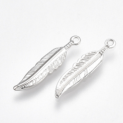 Real Platinum Plated Brass Pendants, Feather, Nickel Free, Real Platinum Plated, 20.5x4.5x1mm, Hole: 1mm