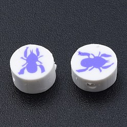 Spider Бусины из полимерной глины ручной работы на тему хэллоуина, плоско-круглые, рисунок паука, 9x4.5 мм, отверстие : 1.5 мм