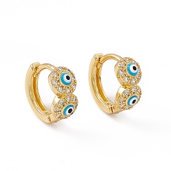 Deep Sky Blue Clear Cubic Zirconia Evil Eye Hoop Earrings with Enamel, Real 18K Gold Plated Brass Jewelry for Women, Lead Free & Cadmium Free, Deep Sky Blue, 11.5x12.5x5.5mm, Pin: 1mm