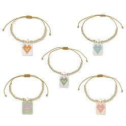 Mixed Color Glass Seed Rectangle with Heart Charm Bracelet, Brass Cross Beaded Adjustable Bracelet for Women, Mixed Color, Inner Diameter: 1-3/8~3-5/8 inch(3.5~9.3cm)