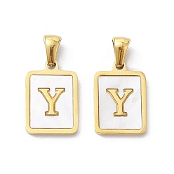 Letter Y Ion Plating(IP) 304 Stainless Steel Pave Shell Pendants, Rectangle Charm, Real 18K Gold Plated, Letter Y, 17.5x12x1.5mm, Hole: 3x5mm