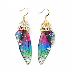 Colorful Resin Butterfly Wing Dangle Earrings with Clear Cubic Zirconia, Real 18K Gold Plated Brass Jewelry for Women, Cadmium Free & Lead Free, Colorful, 70mm, Pin: 0.7mm