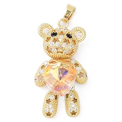 Misty Rose Real 18K Gold Plated Rack Plating Brass Micro Pave Cubic Zirconia Pendants, with Glass, Long-Lasting Plated, Cadmium Free & Lead Free, Bear with Star Pattern, Misty Rose, 38x19.5x9mm, Hole: 3.5x5mm
