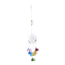 Platinum Crystals Chandelier Suncatchers Prisms Chakra Hanging Pendant, with Iron Cable Chains & Links, Glass Beads and Rhinestone, Flar Round, Platinum, 450mm