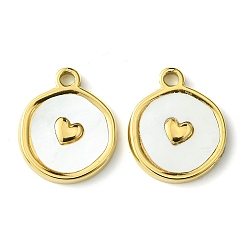 Real 14K Gold Plated Ion Plating(IP) 304 Stainless Steel Pave Shell Flat Round Charms with Heart, Real 14K Gold Plated, 14.5x12.5x2mm, Hole: 1.6mm