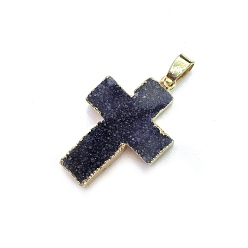 Marine Blue Natural Druzy Agate Pendants, Dyed, Religion Cross Charms with Golden Tone Metal Findings, Marine Blue, 31x23mm
