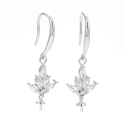 Platinum Rhodium Plated 925 Sterling Silver Earring Hooks, with Cubic Zirconia, Lotus, for Half Drilled Beads, Platinum, 30mm, 21 Gauge, Pin: 0.7mm, Pin: 0.6mm, Tray: 6x3mm