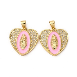 Pink Латунные микро проложить кубического циркония подвески, Сердце с Девой Марией, с эмалью, без кадмия и без свинца, реальный 18 k позолоченный, стойки покрытие, долговечный, розовые, 20.5x20x4 мм, отверстие : 4x4.5 мм