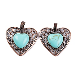 Synthetic Turquoise Synthetic Turquoise Peach Love Heart Pendants, Rack Plating Brass Hollow Heart Charms, Cadmium Free & Lead Free, Red Copper, 29.5x30.5x7.5mm, Hole: 7.5x5mm