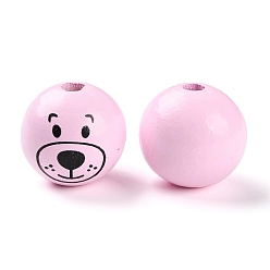 Pearl Pink Spray Painted Natural Wood European Beads, Large Hole Beads, Round with Printed Bear , Pearl Pink, 25mm, Hole: 6mm, about 100pcs/500g