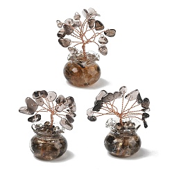 Smoky Quartz Natural Smoky Quartz Chips Tree of Life Decorations, with Glass Pot Base & Copper Wire, Feng Shui Energy Stone Gift for Home Desktop Decoration, 26x52~56mm