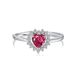 Cerise Rhodium Plated 925 Sterling Silver Adjustable Rings, Birthstone Ring, with Cubic Zirconia Heart & 925 Stamp for Women, Real Platinum Plated, Cerise, 1.6mm, US Size 7(17.3mm)