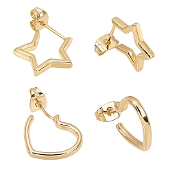 Real 18K Gold Plated Brass Stud Earrings, Long-Lasting Plated, Star & Heart, Real 18K Gold Plated, 14.5x14.5x2mm, Pin: 0.7mm, 15.5x15x2mm, Pin: 0.7mm, 8pairs/box