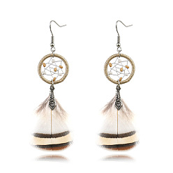 HQEF-0477 beige Bohemian Feather Earrings for Women, Dreamcatcher Pendant, Simple and Stylish Jewelry
