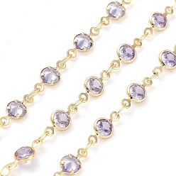 Real 18K Gold Plated Handmade Lilac Glass Flat Round Link Chains, with Brass Findings, with Spool, Soldered, Real 18K Gold Plated, 10x4.5x2mm, about 16.40 Feet(5m)/Roll