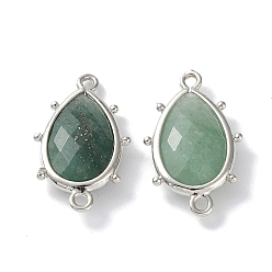 Green Aventurine Natural Green Aventurine Connector Charms, with Platinum Plated Brass Edge Loops, Faceted, Teardrop, 24x14.5x5mm, Hole: 1.2mm & 1.4mm