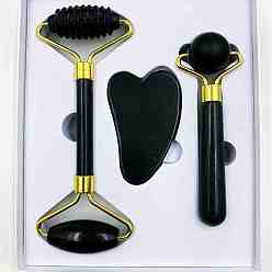 Negro Kit de herramientas de masaje de terapia de jade natural, incluye tabla de gua sha y rodillo facial, herramientas de masaje de raspado, negro, 145x55 mm, 3 PC / sistema