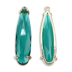 Light Sea Green Transparent K9 Glass Pendants, with Light Gold Plated Brass Findings, Cadmium Free & Lead Free, Faceted, Teardrop, Light Sea Green, 32x9x6mm, Hole: 1.2mm