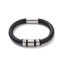 Stainless Steel Color 304 Stainless Steel Column Beaded Bracelet with Magnetic Clasps, Black Leather Braided Cord Punk Wristband for Men Women, Stainless Steel Color, 8-3/4 inch(22.1cm)