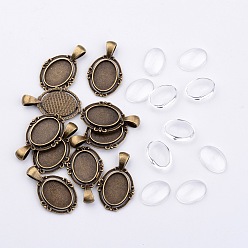 Antique Bronze Tibetan Style Alloy Pendant Cabochon Settings, Clear Glass Cabochons, Oval, Cadmium Free & Nickel Free & Lead Free, Antique Bronze, 34x21x2.5mm, Hole: 4x7mm, Tray: 18x13mm, 10pcs/set